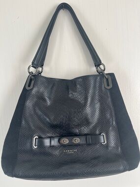 Coach Blake shoulder bag in black exotic embossed leather and suede.